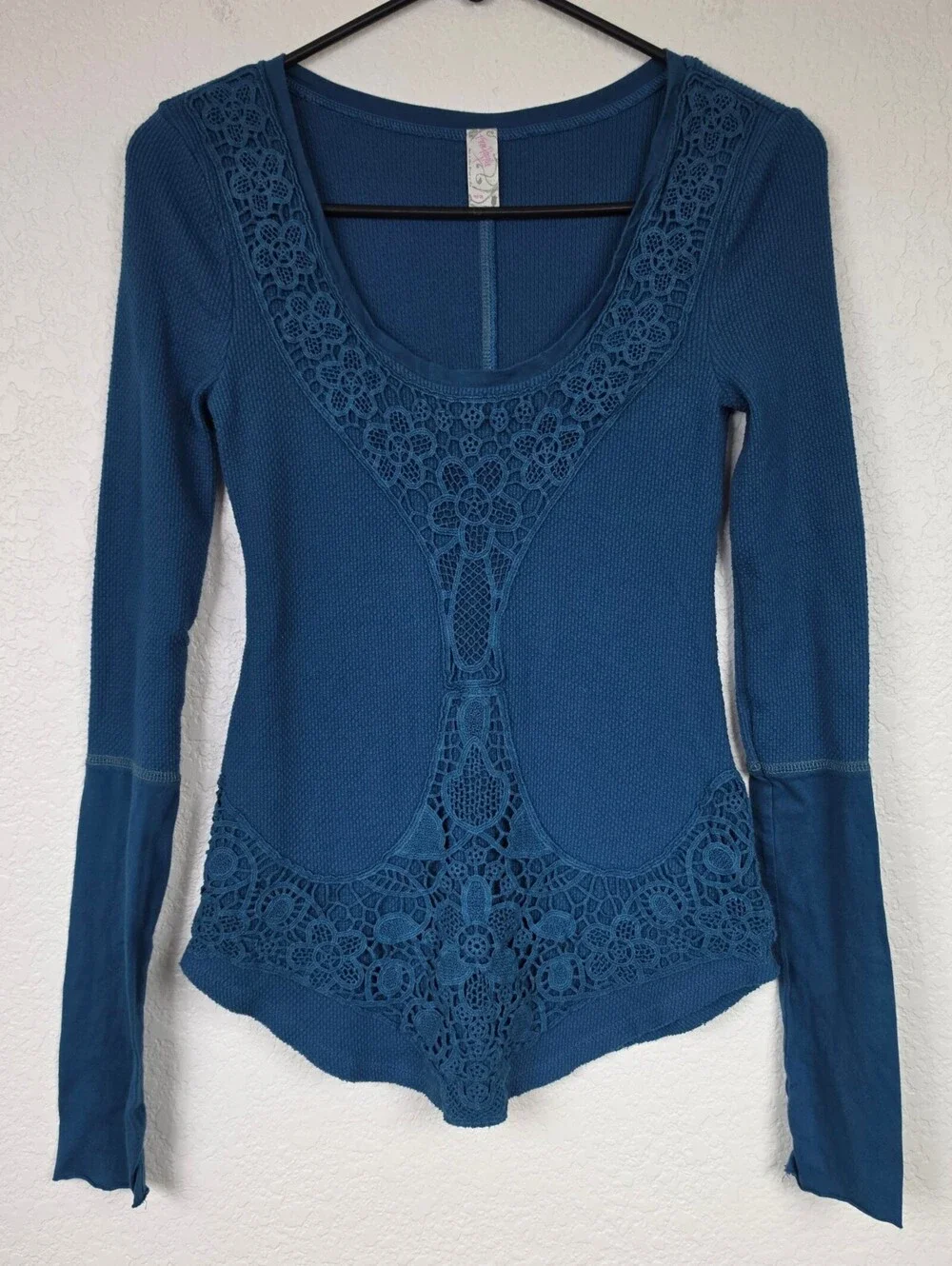 Free People Vintage Blue Lacey Applique Long Sleeve Thermal